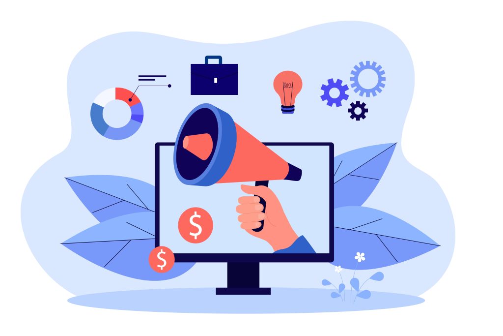 Business data analysis and hand holding megaphone
